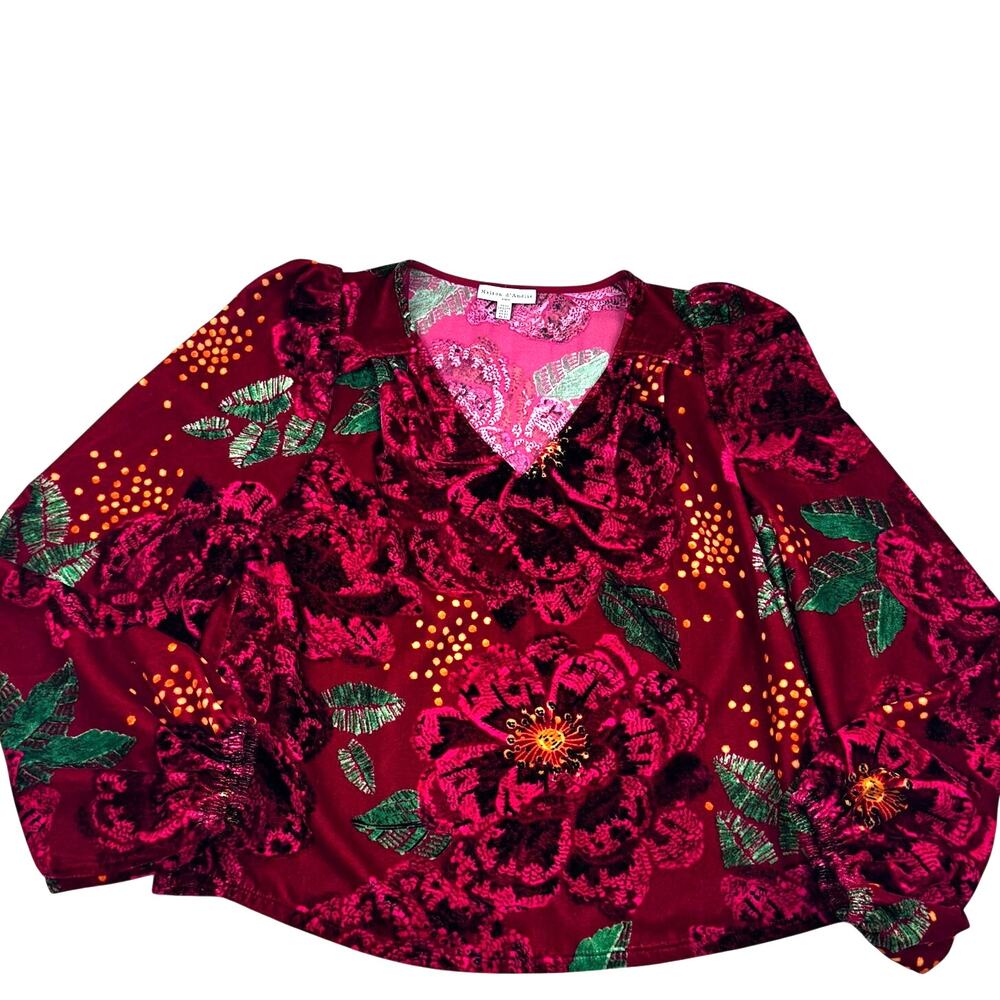 Maison d'Amelie Red Velvet Floral Boho Romantic Puff Sleeve Blouse Women's XS